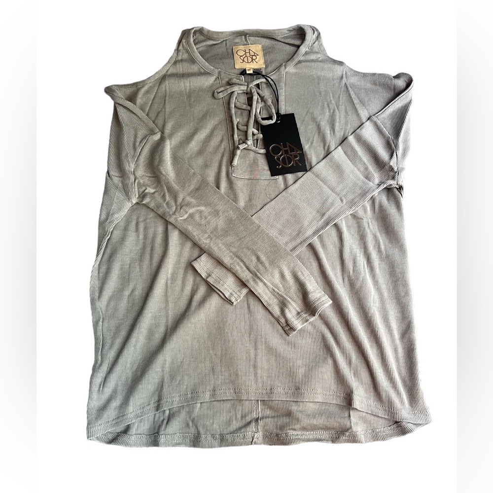 Chaser Gray Ribbed Tie Front Long Sleeve Shirt NWT